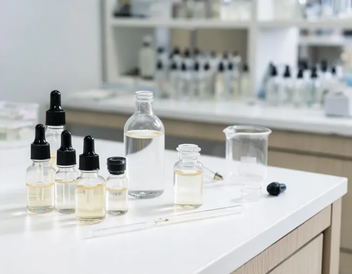 Skincare Essence Sourcing on a cosmetics bench, illustration only