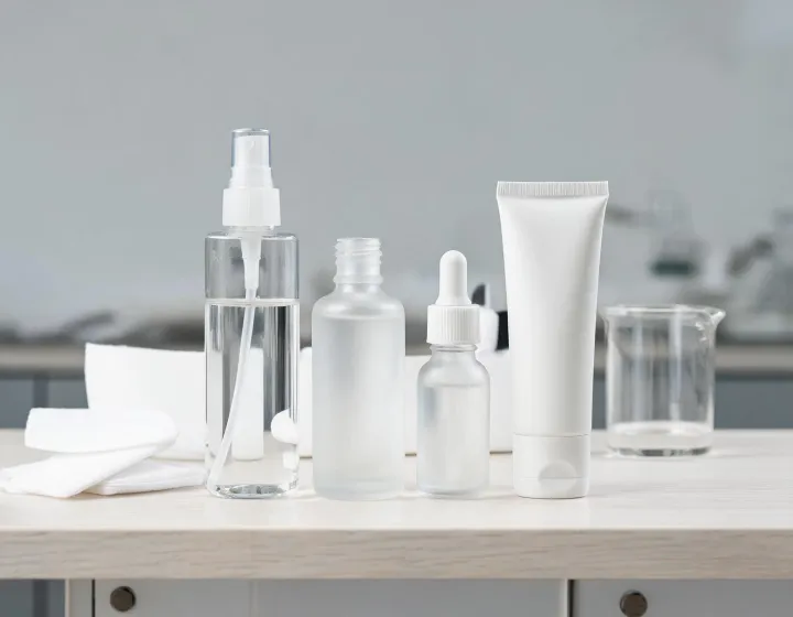 korean set toner essence serum spf50 on a cosmetics bench, illustration only
