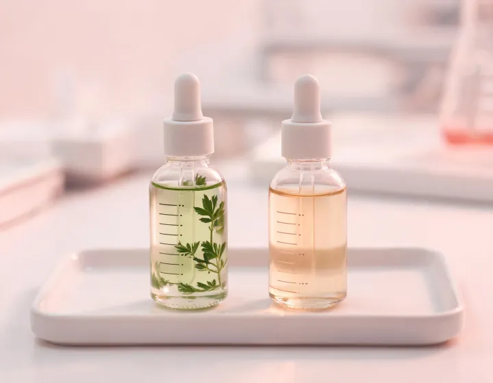 Skincare essence bottles on a lab tray, illustration only